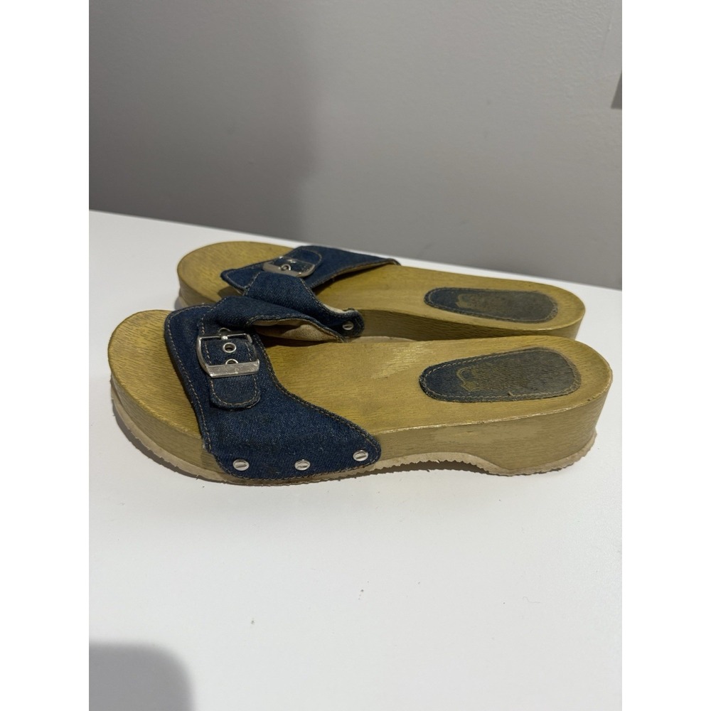 Route 66 Blue Denim Slip On Wooden Sandals Size 8 Chunky Boho Y2K
